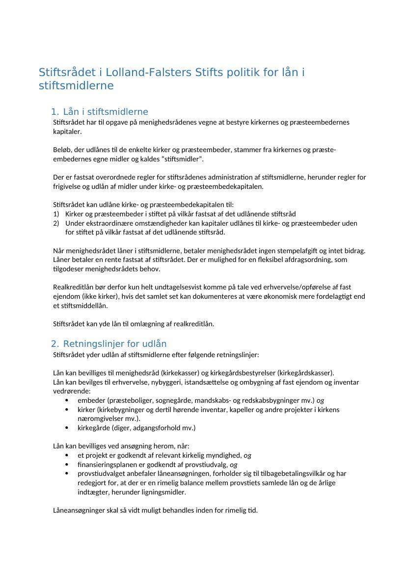 Stiftsrådets lånepolitik 17. februar 2022