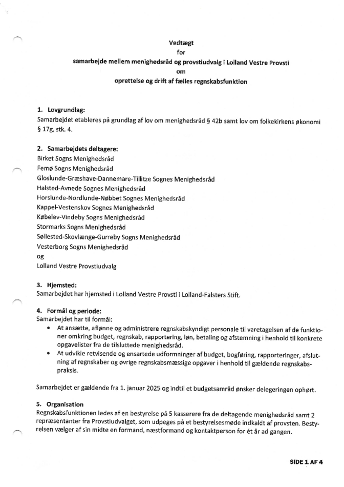 Vedtægt for samarbejde mellem menighedsråd og provstiudvalg i Lolland Vestre Provsti om oprettelse og drift af fælles regnskabsfunktion 1. januar 2025